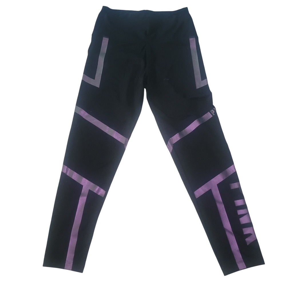PINK Victoria's Secret‎ Ultimate Black Purple Stripe Athletic Leggings S workout